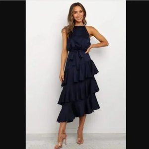 Petal & Pup Navy Blue Satin Seychelle Ruffle Tiered Midi Dress 8